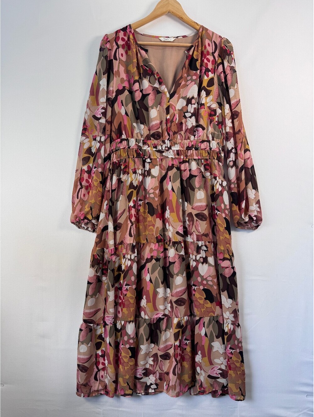 Boho Floral Maxi Dress Tiered Fall Wedding Guest V Neck Long Sleeve Womens XL - Picture 2 of 8